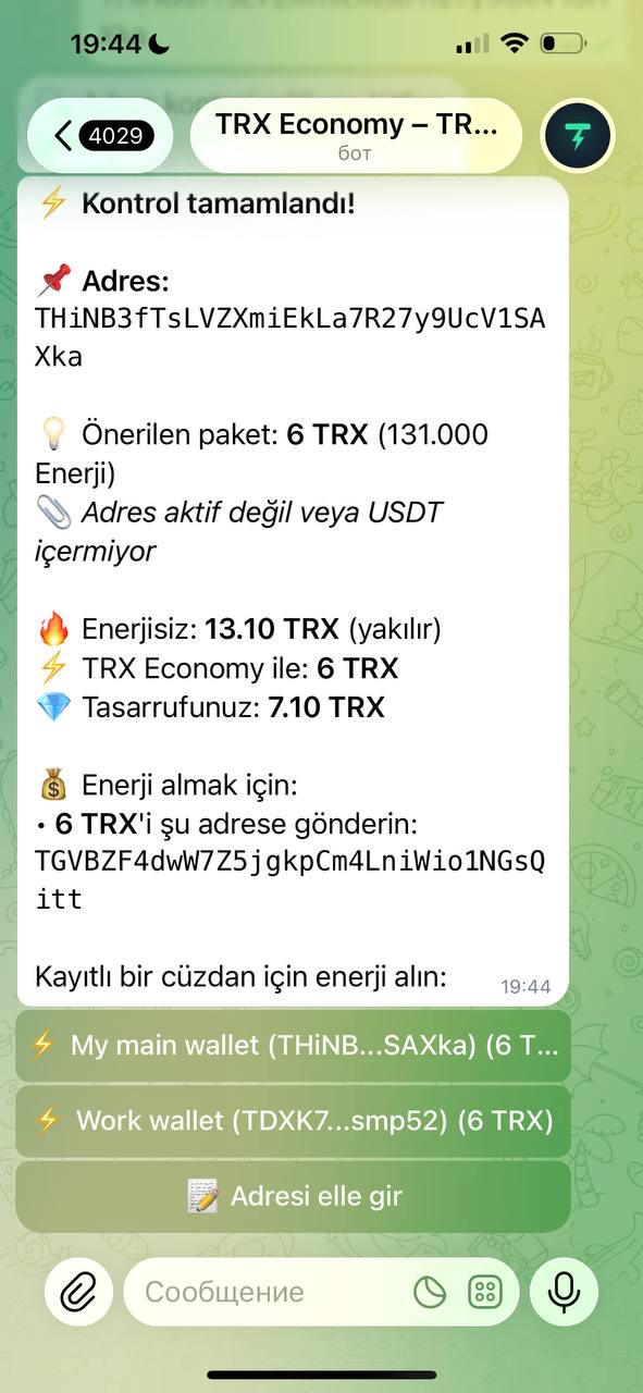 Bot alıcı adresini kontrol etti ve 6 TRX paketini öneriyor; enerjisiz 13,10 TRX yakılacağını gösteriyor