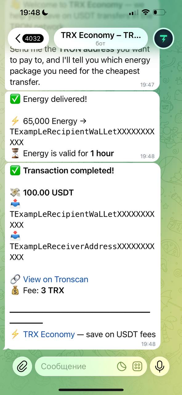 Bot message: energy delivered, valid for 1 hour, and the USDT transaction completed for a 3 TRX fee
