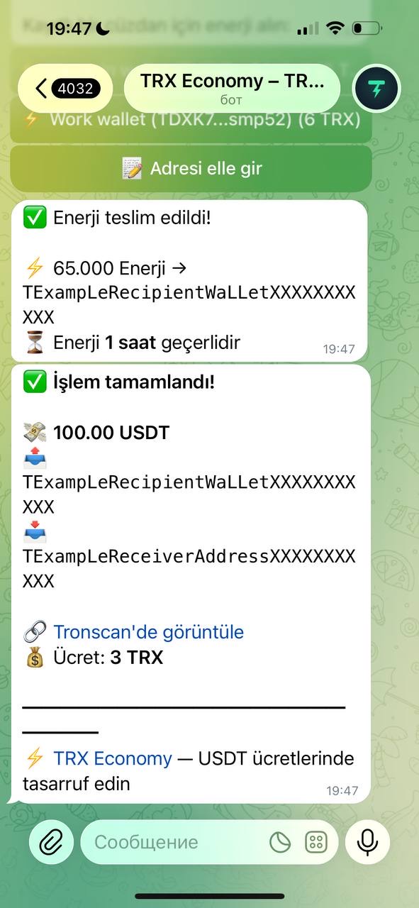 Bot mesajı: enerji teslim edildi, 1 saat geçerli; USDT işlemi 3 TRX ücretle tamamlandı