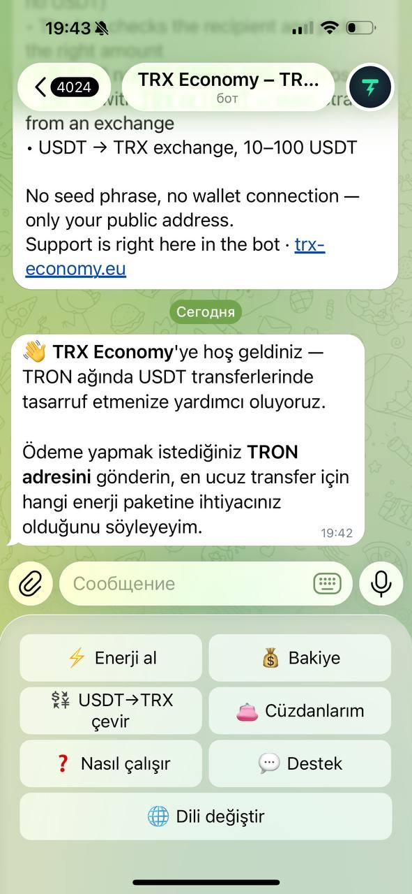 TRX Economy botunun Türkçe ana menüsü: enerji al, bakiye, USDT→TRX çevir, cüzdanlarım, destek, dil