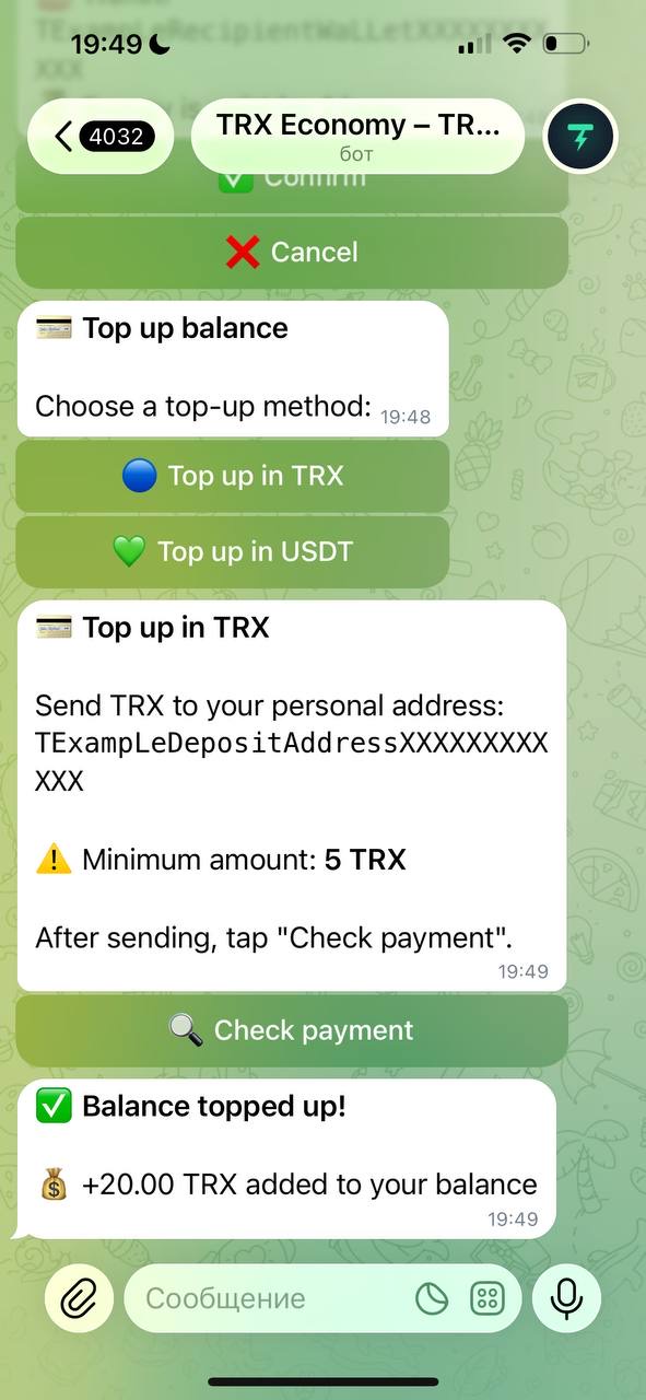 Top up balance in the TRX Economy bot: choose TRX or USDT, send to your personal deposit address, tap Check payment