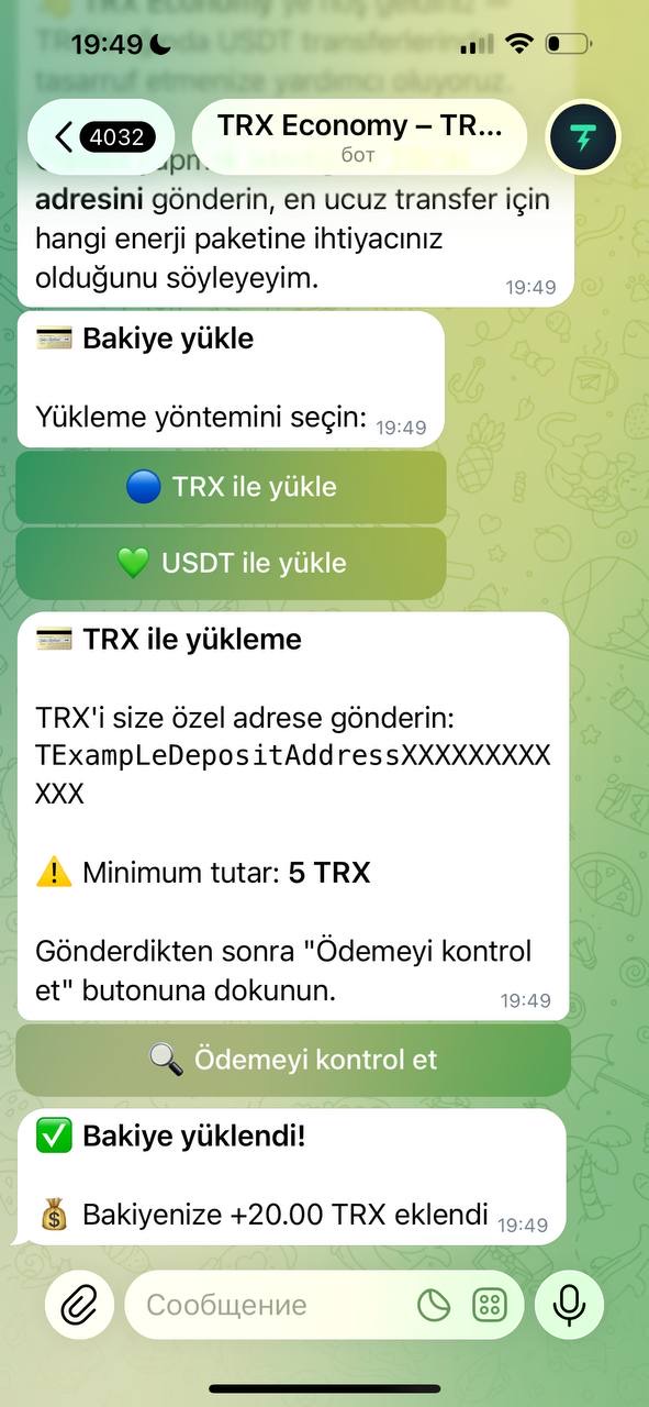 TRX Economy botunda bakiye yükleme: TRX veya USDT seçin, size özel adrese gönderin, Ödemeyi kontrol et butonuna dokunun