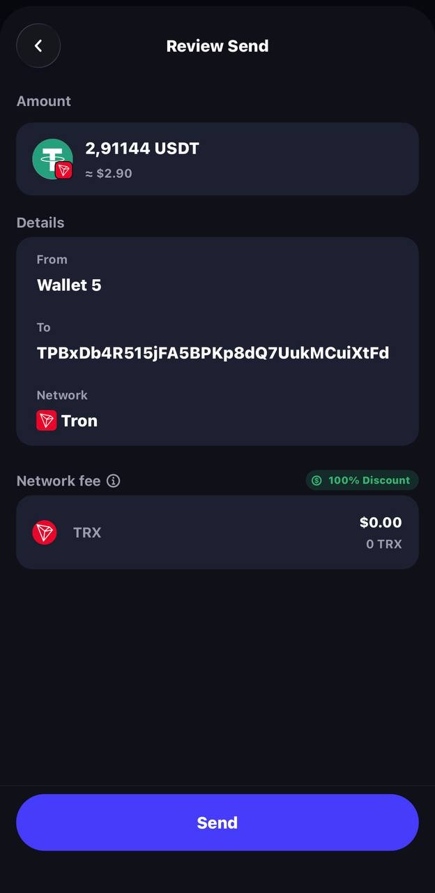 Trust Wallet review send with rented energy: network fee 0 TRX, 100% discount