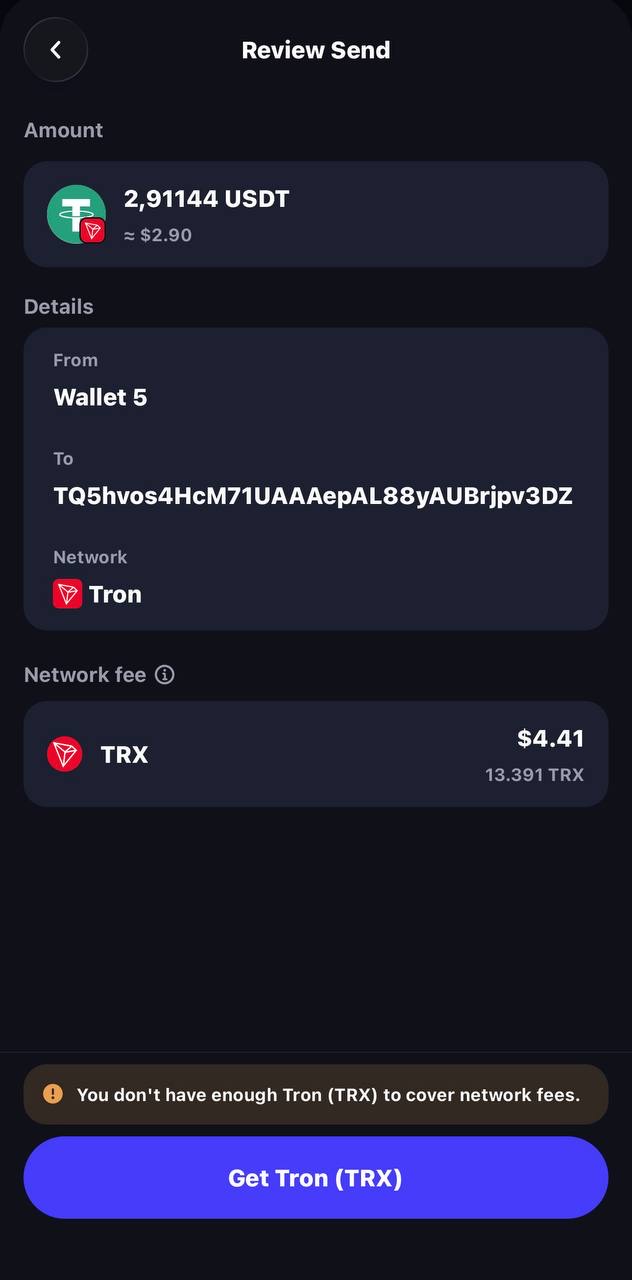 Trust Wallet review send screen: network fee 13.391 TRX and the warning You don’t have enough Tron (TRX) to cover network fees