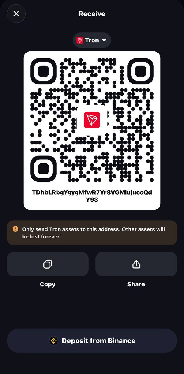 Trust Wallet Receive screen with a QR code and the TRON address